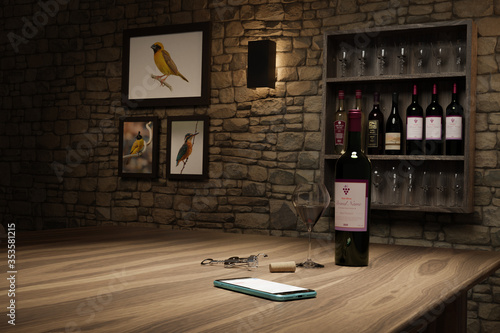 3D illustration of wine bottle and glass on a wooden table together with mobile phone photo
