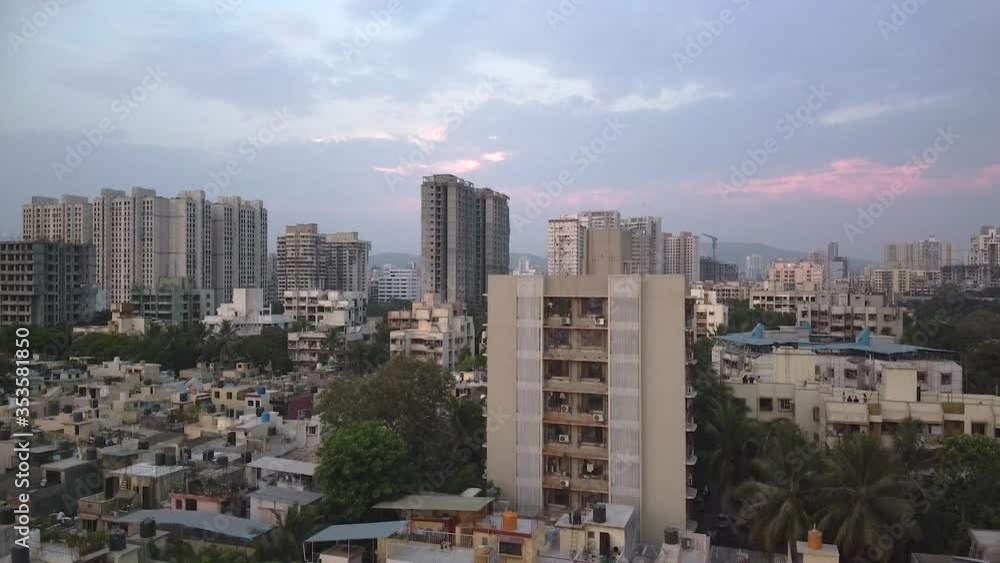 Beautiful corporate skyline of Mumbai city with small residential township video background aerial view drone shot Beautiful corporate skyline of Mumbai city with small residential township video background aerial view drone shot