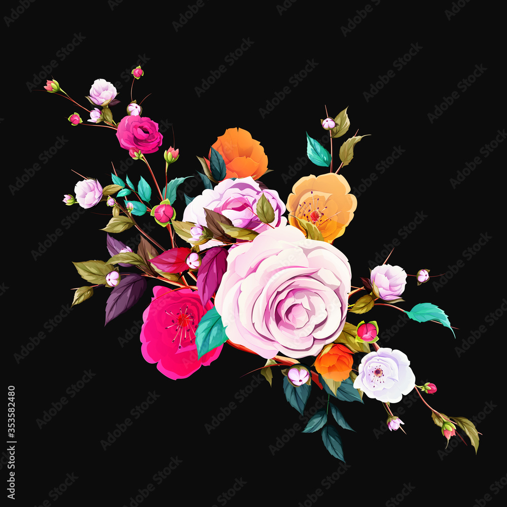 Bouquet of flowers. Sakura with branch and leaves. Isolated illustration on black. Hand drawn. Vector - stock.