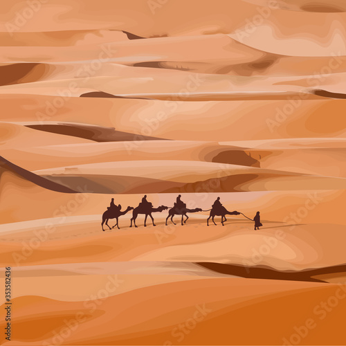 vector illustration of a desert with caravan of camels