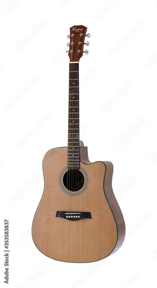 Wooden Acoustic Folk Guitar, Music Instrument Isolated on White background