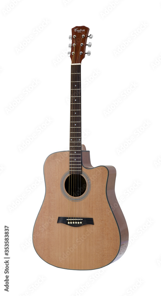 Obraz premium Wooden Acoustic Folk Guitar, Music Instrument Isolated on White background