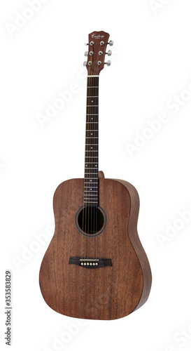 Dark Wooden Acoustic Folk Guitar, Music Instrument Isolated on White background