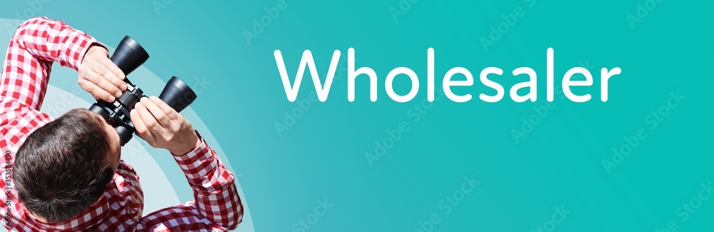 Naklejka premium Wholesaler. Businessman (man) looks through binoculars. Birds eye view. Focus on text. Blue Background. Business, Finance, Statistics, Analysis, Economy