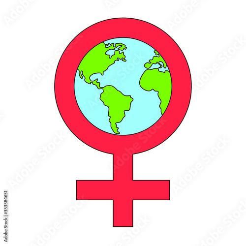Female gender symbol with planet earth inside the circle. Feminine world. Feminist pride sign and logotype. Global logo for unity and equality of genders. Illustration isolated on white background