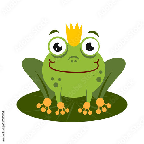 green king frog sitting on lotus leaf. cartoon character isolated on white background. frog prince with crown