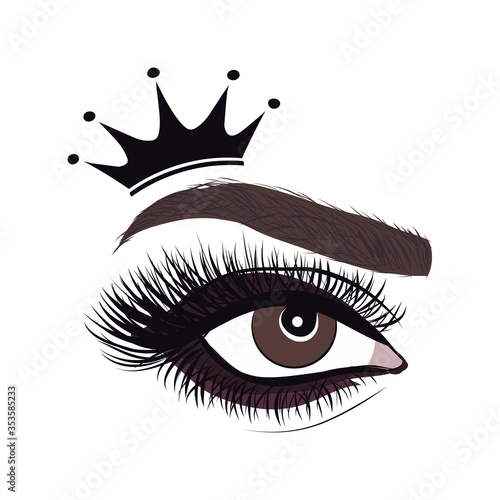 Beautiful logo with woman's eye, eyelash and eyebrow with crown. Realistic sexy makeup look. Tattoo design. Logo for brow bar, makeup artist. or lash salon. princess, queen beauty girl.