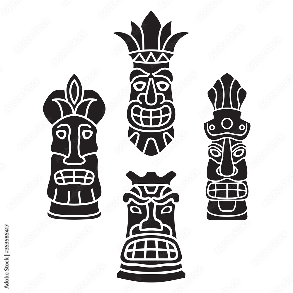 Set polynesian tiki mask silhouette isolated on white background. Hawaiian tribal mask. Vector cartoon style.Design element for  tropical themed party.