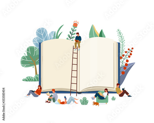 Books reading concept vector illustration. Little boys and girl read, study or learn textbook near huge book. Simple flat cartoon design isolated on white background