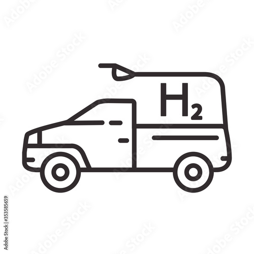 Car pickup hydrogen filling. Vehicle refueling. Outline vector isolated on white background.