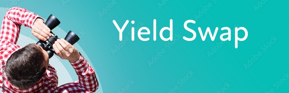 Fototapeta premium Yield Swap. Businessman (man) looks through binoculars. Birds eye view. Focus on text. Blue Background. Business, Finance, Statistics, Analysis, Economy