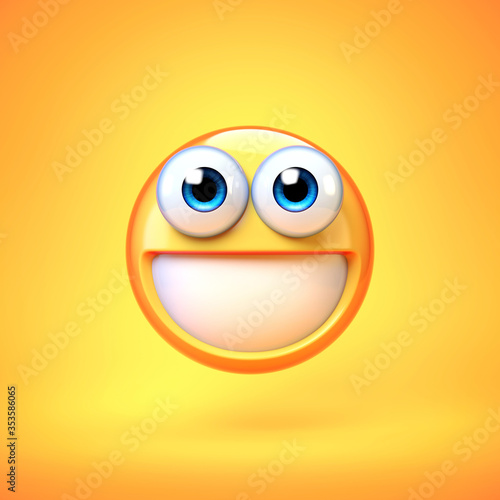Smiling emoji isolated on yellow background, teeth emoticon 3d rendering