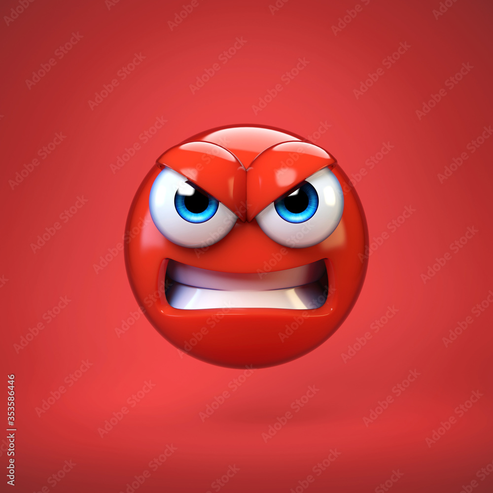 Angry emoji isolated on red background, mad emoticon 3d rendering Stock