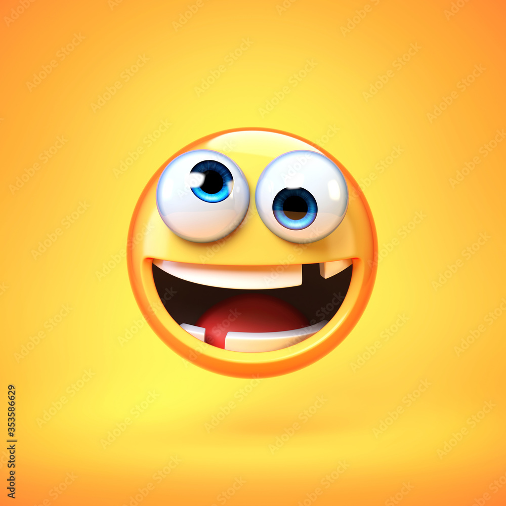 Crazy emoji isolated on white background, silly face emoticon 3d rendering