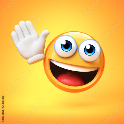 Emoji waving with one hand isolated on white background, good bye emoticon 3d rendering