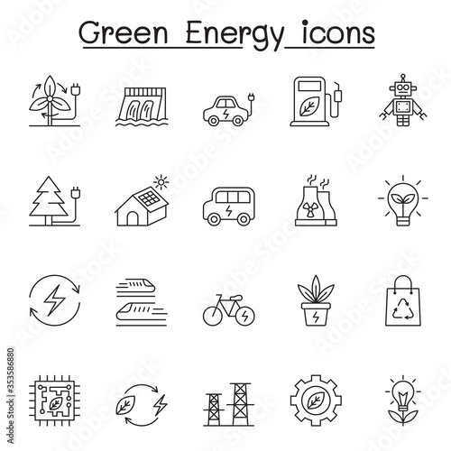 Green energy icons set in thin line style