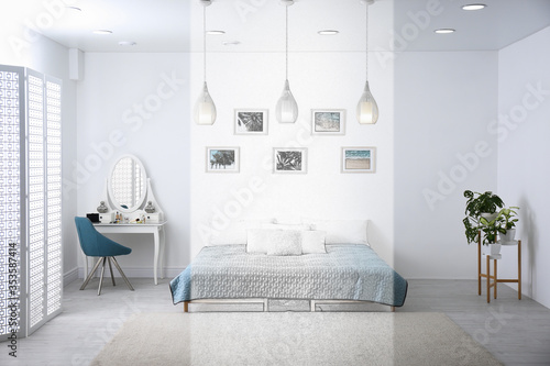 Contemporary bedroom with different furniture. Illustrated interior design
