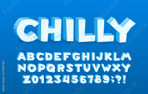 Chilly alphabet font. 3D cartoon ice letters and numbers. Stock vector typescript for your typography design.