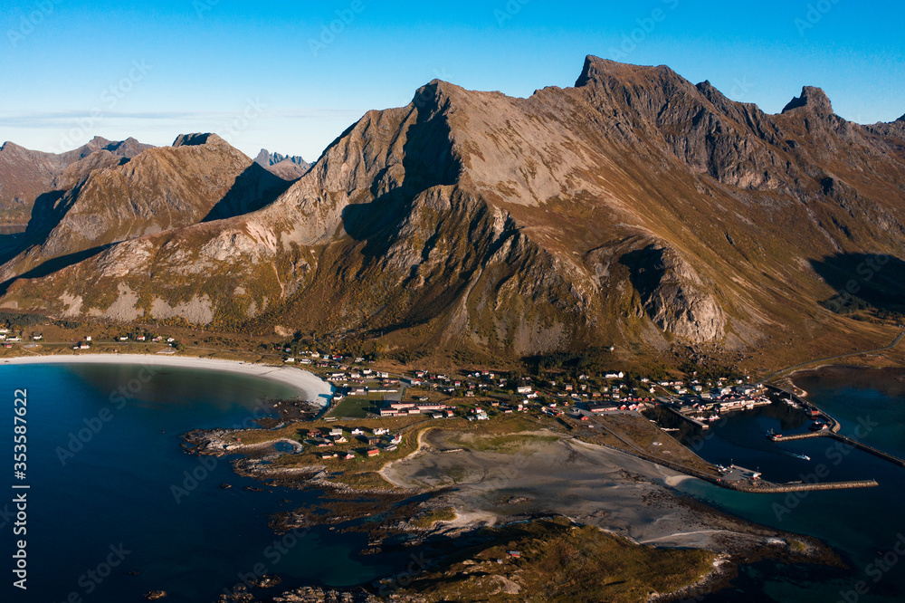 Norway Lofoten Islands Tromso mountain landscape cityscape aerial view scene