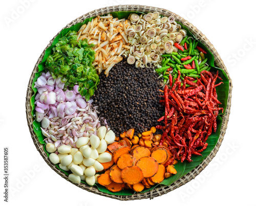 Set of various spices and herbs. Pepper, turmelic, ginger, saffron, basil, rosemary, chilly, cardamom, cinnamon, anise. Top view with copy space. photo