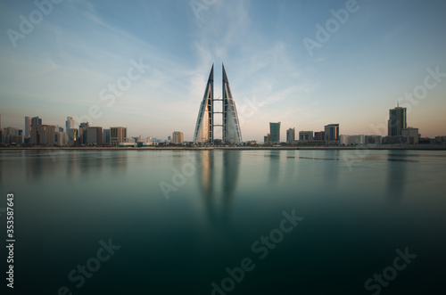The Bahrain World Trade Center during dusk, a twin tower complex is the first skyscraper in the world to have wind turbines, photographed on February 05, 2018, Manama, Bahrain