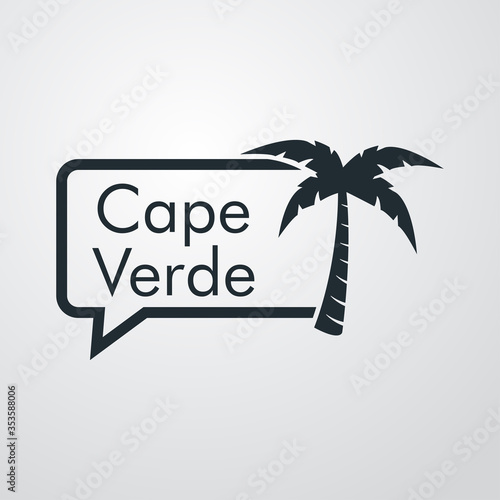 Destino de vacaciones. Logotipo con texto Cape Verde en burbuja de habla con palmera en fondo gris
