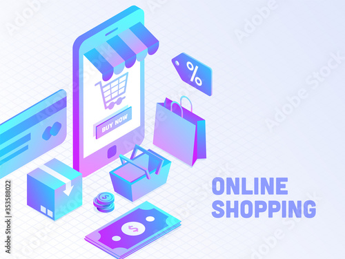 Online Shopping App in 3D Smartphone with Percentage Tag, Carry Bag, Basket, Parcel, Cash and Payment Card on White Grid Background. © Abdul Qaiyoom