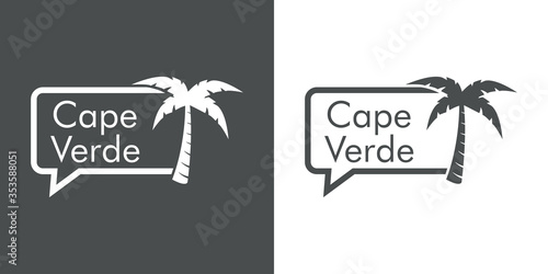 Destino de vacaciones. Logotipo con texto Cape Verde en burbuja de habla con palmera en fondo gris y fondo blanco