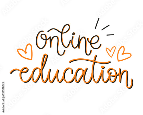 Online education hand-written vector lettering with doodle hearts. Homeschooling concept. Creative design for logo  web banner  poster  print. Isolated on white background.