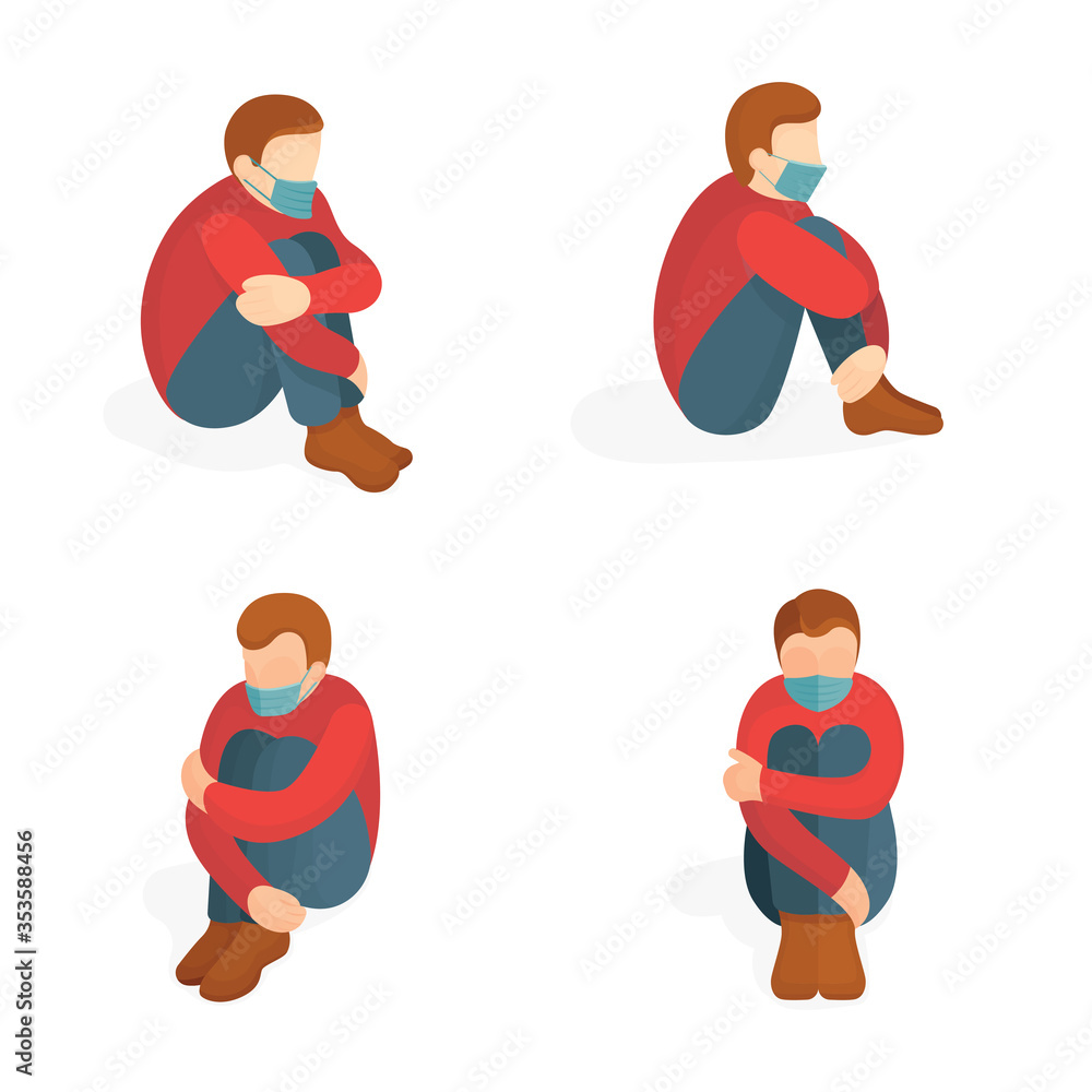 Male characters in protective medical face masks seating on the floor. Simple cartoon style people sitting on the ground. Social distancing concept vector illustration. 