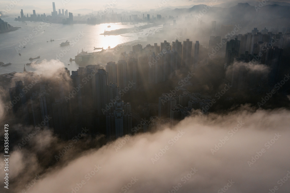 Fototapeta premium Hong Kong Aerial sunset sunrise cityscape landscape view scene