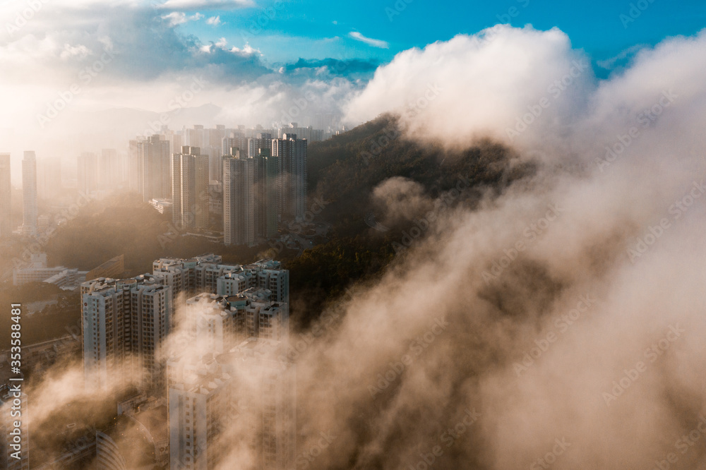 Fototapeta premium Hong Kong Aerial sunset sunrise cityscape landscape view scene