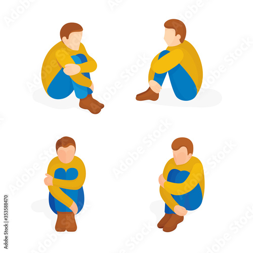 Male characters seating on the floor. Simple cartoon style people sitting on the ground. Vector illustration. 