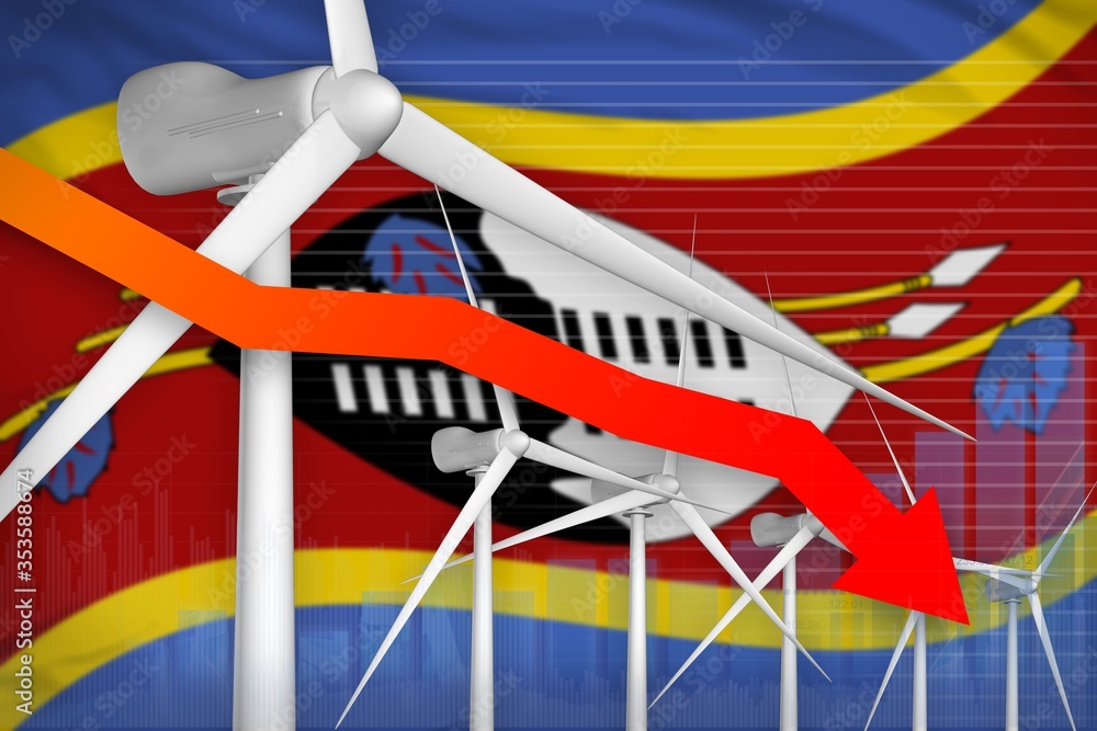 Swaziland wind energy power lowering chart, arrow down - green natural energy industrial illustration. 3D Illustration