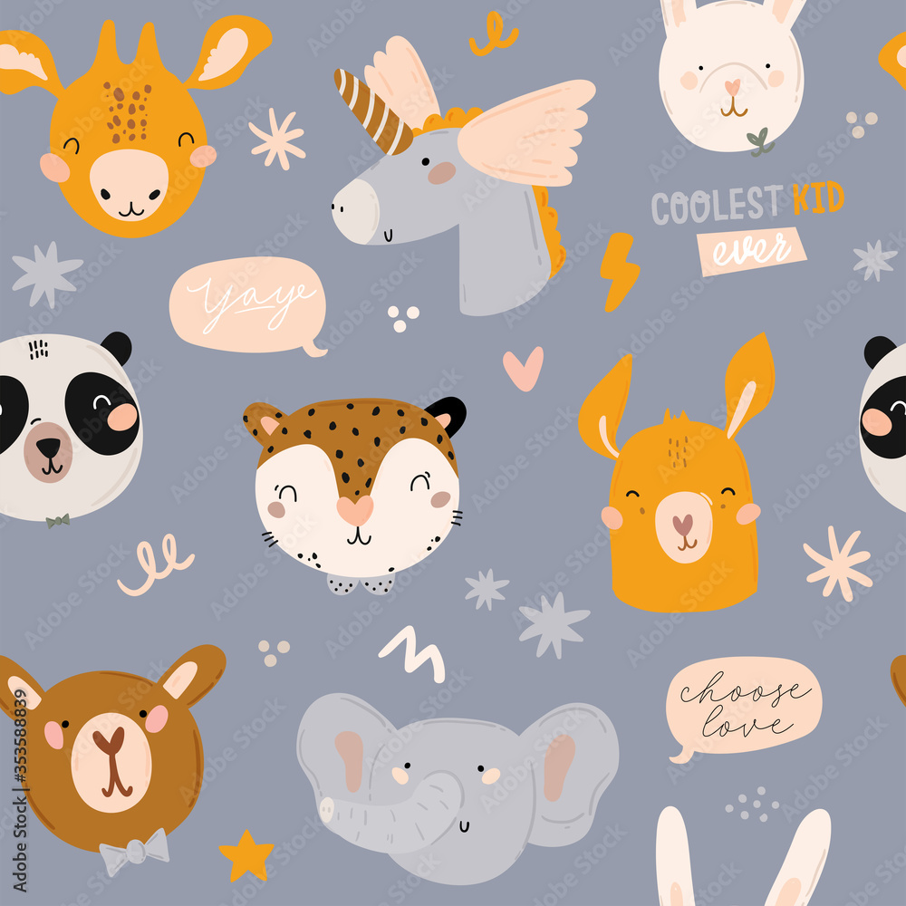 Fototapeta premium Cute kids scandinavian seamless pattern with funny animals, kids mobile toys, beanbag, leaves, flowers. Cartoon doodle illustration for baby shower, nursery room decor, children design. Vector.