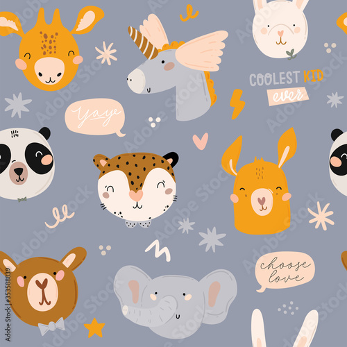 Cute kids scandinavian seamless pattern with funny animals, kids mobile toys, beanbag, leaves, flowers. Cartoon doodle  illustration for baby shower, nursery room decor, children design. Vector.