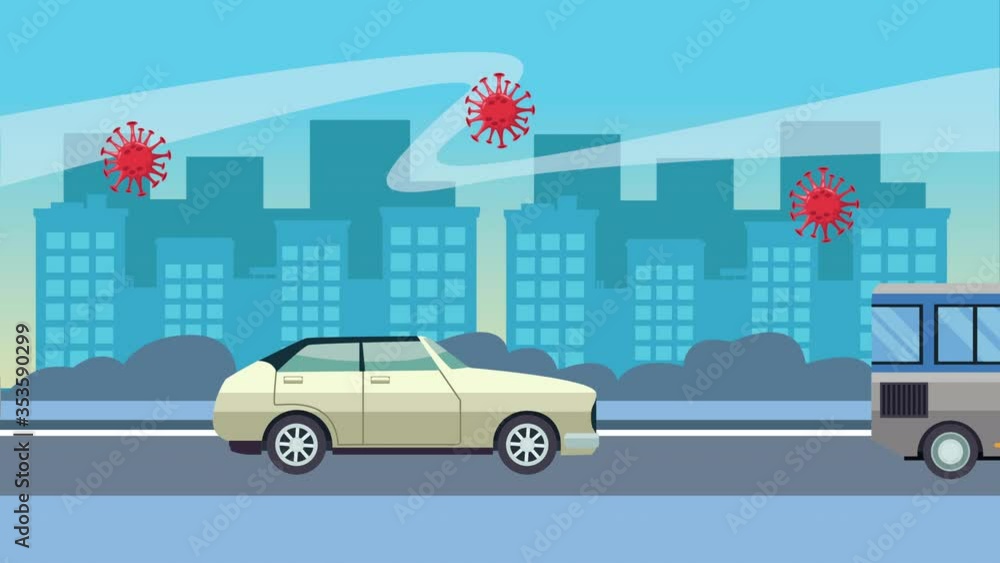 bus on road cityscape scene with coronavirus particles bus on road cityscape scene with coronavirus particles