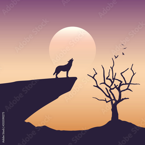 wolf is howling to the full moon scarry landscape with bare tree vector illustration EPS10