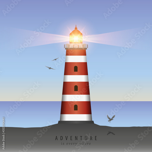 shining lighthouse at sunset with flying birds vector illustration EPS10