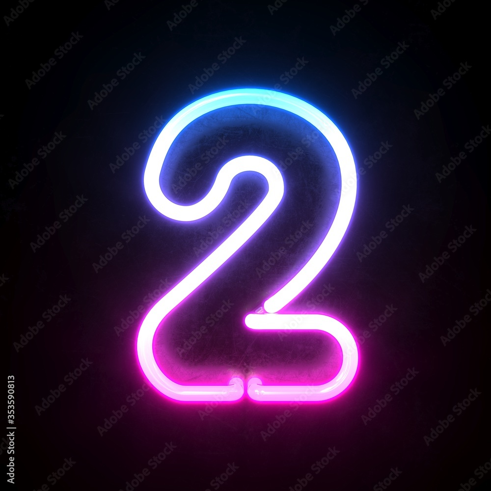 Neon 3d font, blue and pink neon light 3d rendering, number 2 - obrazy, fototapety, plakaty 