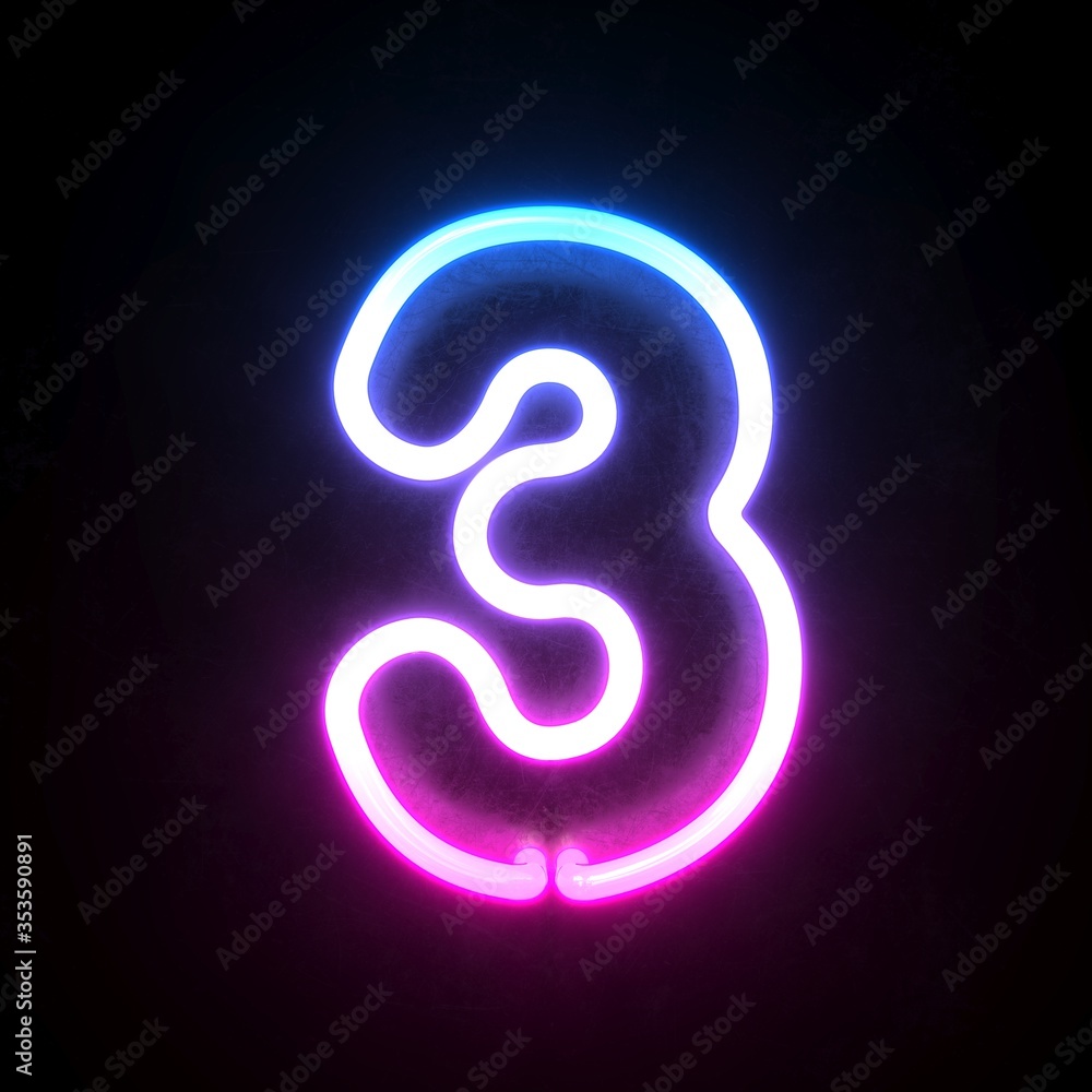 Naklejka premium Neon 3d font, blue and pink neon light 3d rendering, number 3