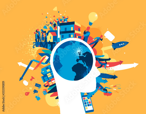 Attività umane nel mondo moderno. Pianeta come cervello umano.
