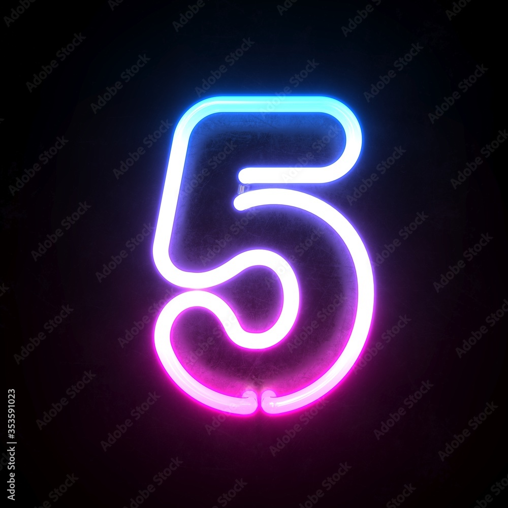 Neon 3d font, blue and pink neon light 3d rendering, number 5 Neon 3d font, blue and pink neon light 3d rendering, number 5