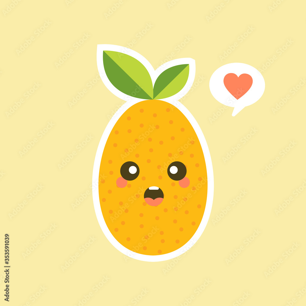 Obraz premium Cartoon character design. Oval kumquat with green leaf. cute and kawaii Fruit Flat vector illustration isolated on color background