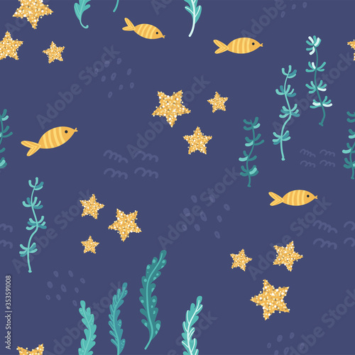 Childish seamless pattern with fish, starfish and seeweed.