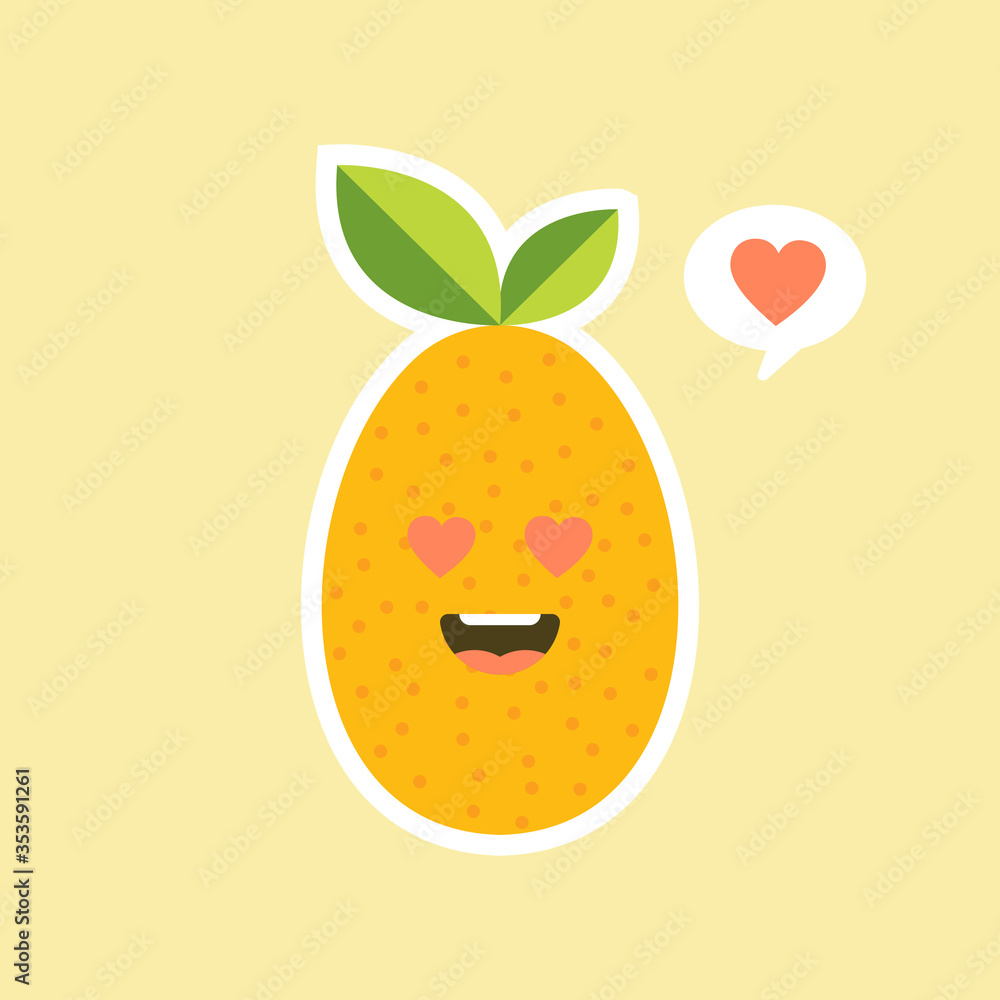 Cartoon character design. Oval kumquat with green leaf. cute and kawaii Fruit Flat vector illustration isolated on color background Cartoon character design. Oval kumquat with green leaf. cute and kawaii Fruit Flat vector illustration isolated on color background