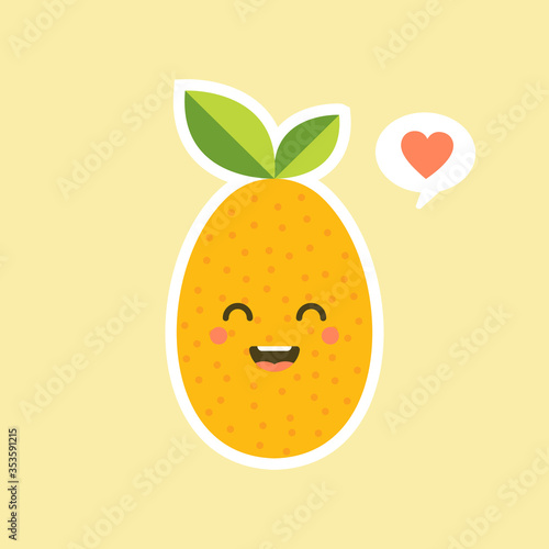 Cartoon character design. Oval kumquat with green leaf. cute and kawaii Fruit Flat vector illustration isolated on color background