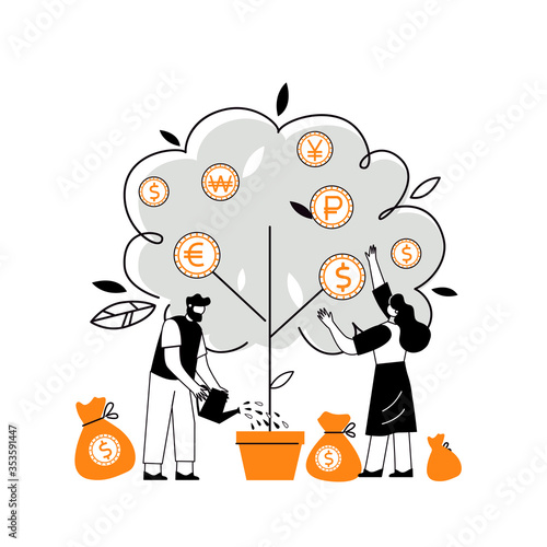 Flat vector illustration of profit from business investments. Metaphor of financial income. Investor strategy, financing concept. Characters that collect cash from the money tree.