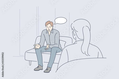 Healthcare, psychology, meeting, communication, help concept. Man boy telling woman psychiatrist about psychological problems. Psychotherapy practice consulting patient and mental stress treatment.