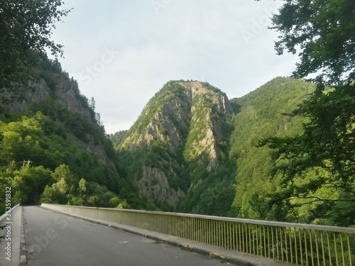 asphalt road crossing rocky mountains in spring season